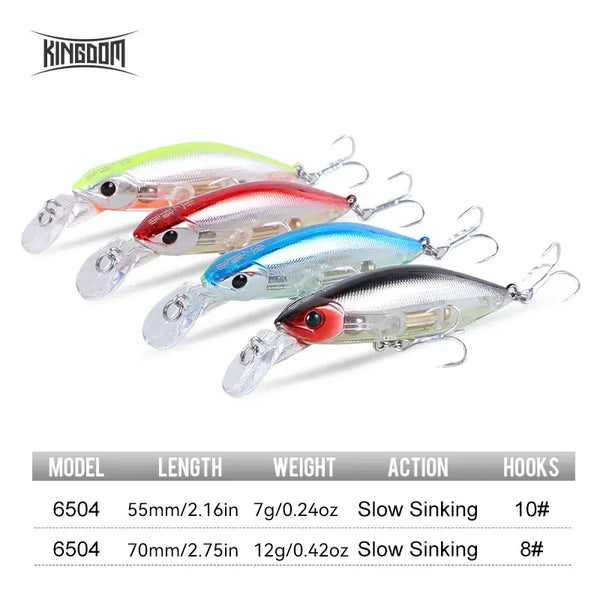 Four slow-sinking minnow lures with clear lips and treble hooks in silver, red, blue, and black