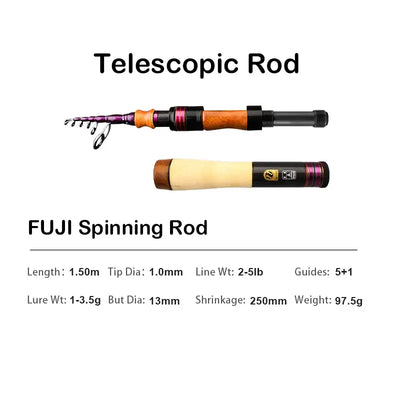 Telescopic spinning fishing rod with cork grip and purple accents