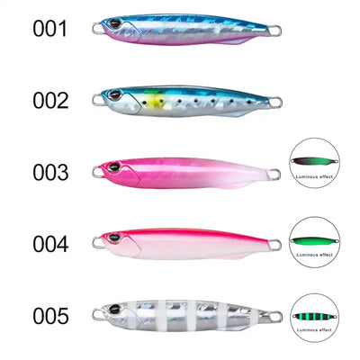Set of five Hunthouse metal pencil jigs with different colors, twin hooks