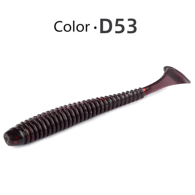 Soft paddle tail swimbait lure, Color D53: dark maroon-black ribbed body with red tail.