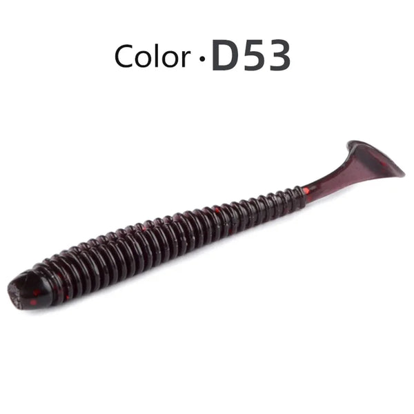 Soft paddle tail swimbait lure, Color D53: dark maroon-black ribbed body with red tail.