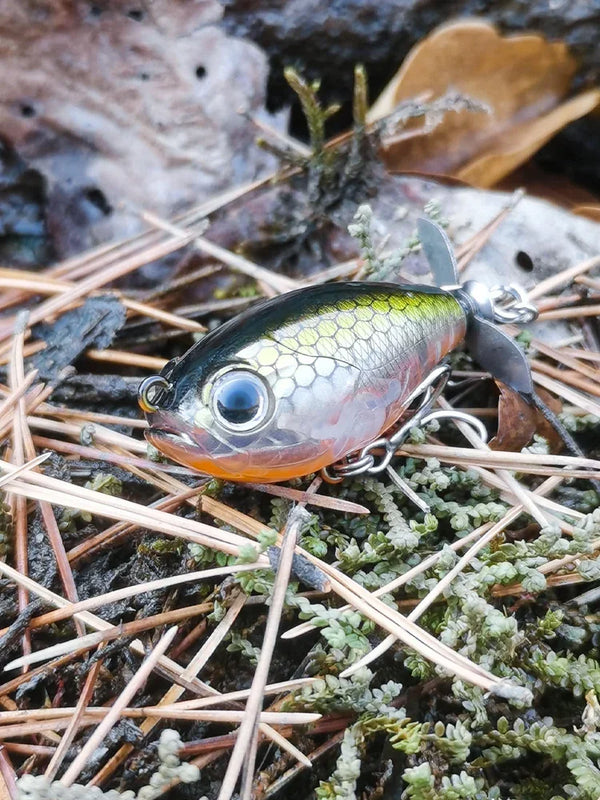 Topwater floating wobbler lure with silver-blue scale pattern, red eye, and treble hooks