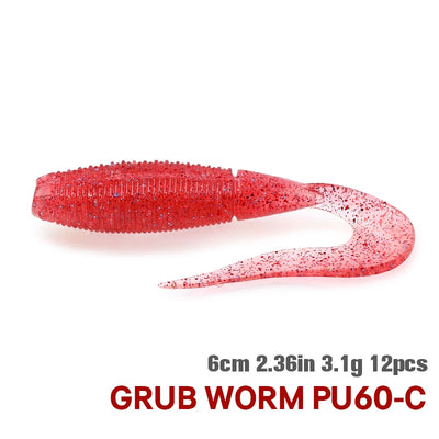 TSURINOYA curled grub worm soft bait, red glitter, 60mm 3.1g, 12pcs