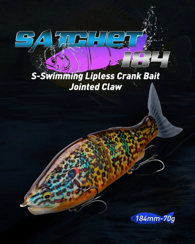 Orange-speckled jointed fishing swimbait with three treble hooks, side view