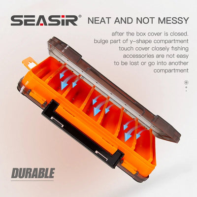 Orange tackle box with transparent cover, hinged latch, and Y-shaped compartment divider