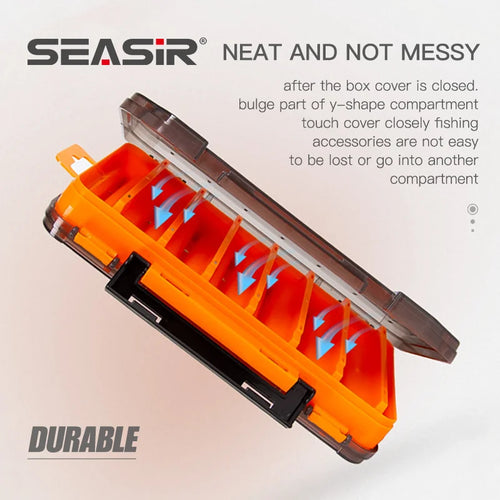 Orange tackle box with transparent cover, hinged latch, and Y-shaped compartment divider