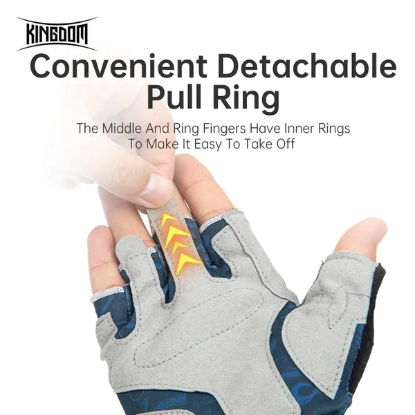 Blue and gray half-finger ice silk fishing glove with detachable pull-ring tab