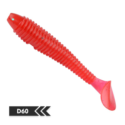Soft T-tail silicone fishing lure, bright red translucent ribbed body and paddle tail