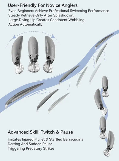 Fishing lure minnow set in gray, clear lip and treble hooks shown from multiple angles.