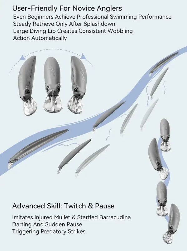 Fishing lure minnow set in gray, clear lip and treble hooks shown from multiple angles.