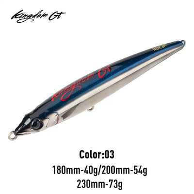 Floating pencil sea fishing lure, dark blue top with silver belly and gold line eye