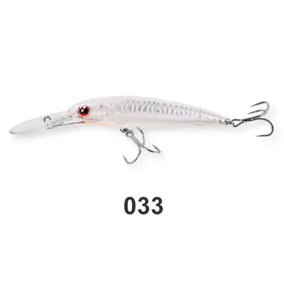 Saltwater minnow trolling wobbler lure, white body with red eye and silver treble hooks
