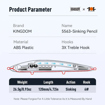 Sinking pencil lure side diagram with weight 26.5g and sinking action; three treble hooks