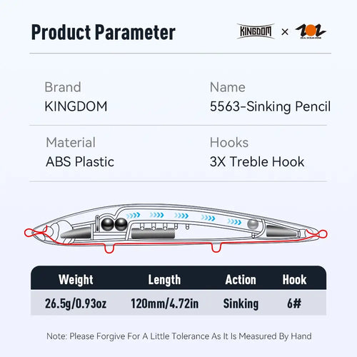 Sinking pencil lure side diagram with weight 26.5g and sinking action; three treble hooks