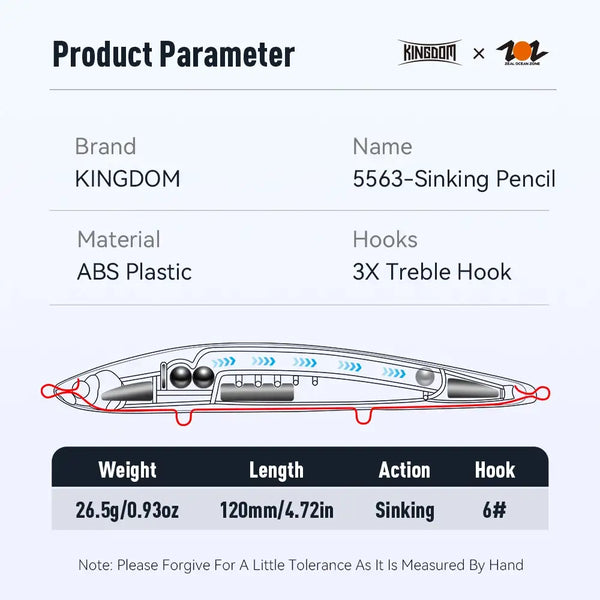 Sinking pencil lure side diagram with weight 26.5g and sinking action; three treble hooks