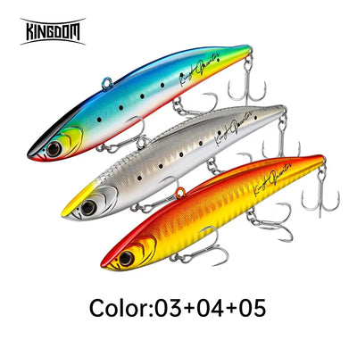3-piece lipless fishing lure set; blue-green, silver, and orange lures with treble hooks