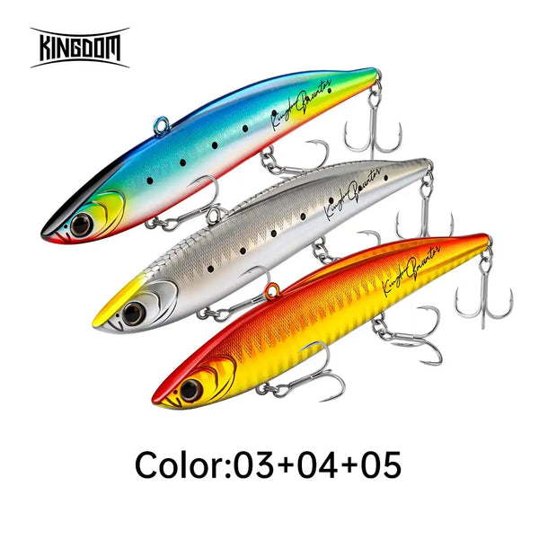 3-piece lipless fishing lure set; blue-green, silver, and orange lures with treble hooks