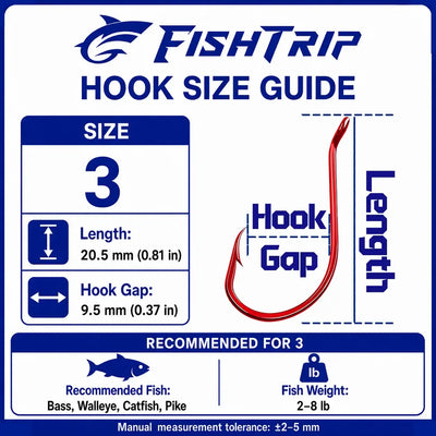 Fish hook size guide card for Size 3, shows hook length and gap measurements