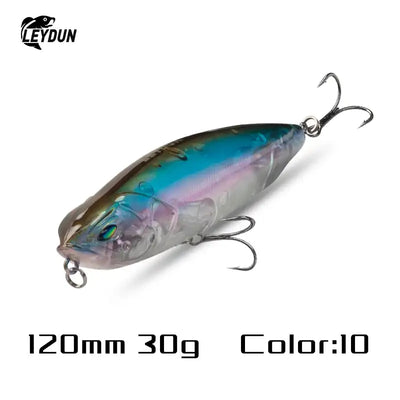 LeyDun Z-Claw floating pencil stickbait 120mm with iridescent blue silver scales translucent body and metallic treble hooks