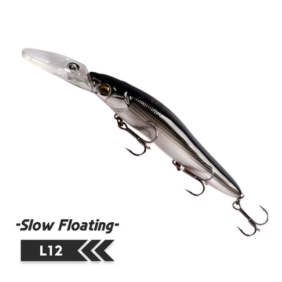 Fishing lure minnow hard bait, silver-gray body with black head, three treble hooks