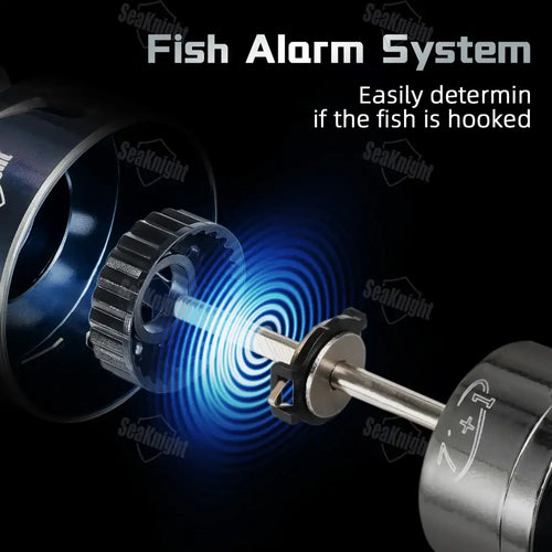 Blue-lit metallic SeaKnight SANGE spinning reel with CNC aluminum spool and engraved branding in gear mechanism view