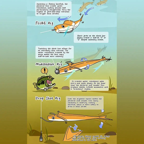 Orange silicone soft fishing lure with drop shot rig and fluke/midstope r options diagram