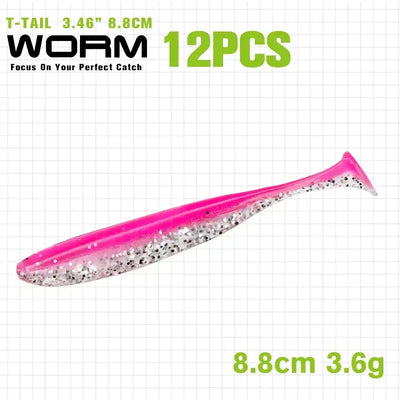 Pink T-tail soft plastic shad lure with silver glitter, 8.8 cm