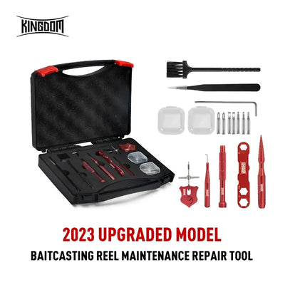 10-piece baitcasting reel maintenance tool kit with red tools and black case organizer