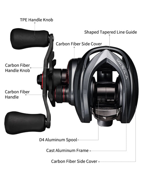 Baitcasting fishing reel with carbon-fiber handle and tapered line guide