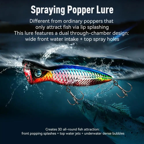 Spraying popper fishing lure with treble hooks, multicolor metallic body