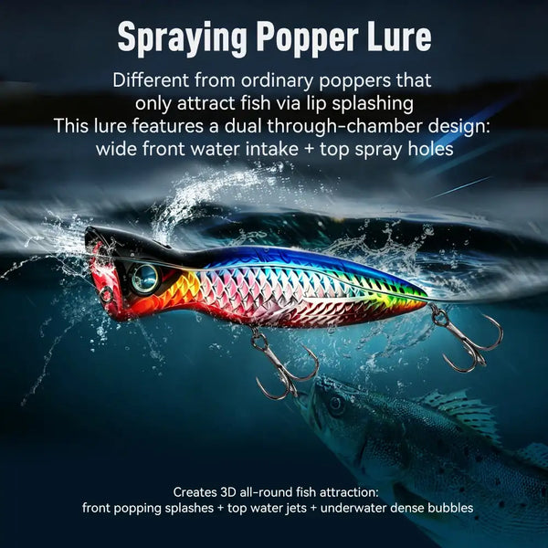 Spraying popper fishing lure with treble hooks, multicolor metallic body