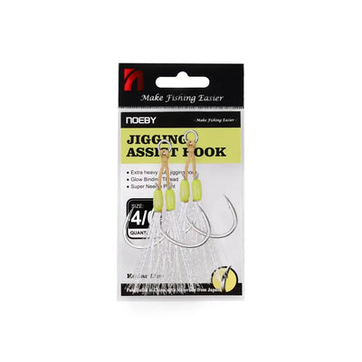 Noeby jigging assist hook package, size 4/0, lime-green heads, needle-point hooks