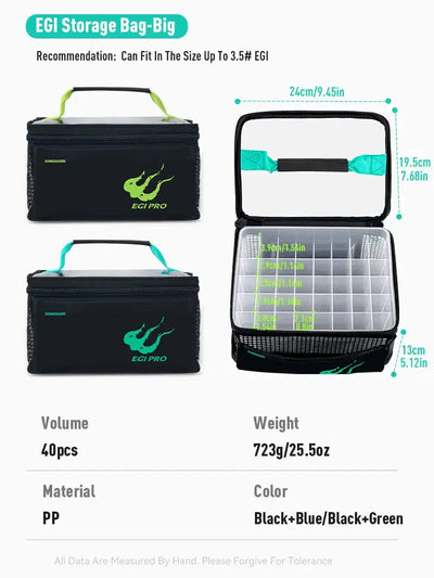 Black egi storage bag with green octopus logo; open lid shows grid compartments