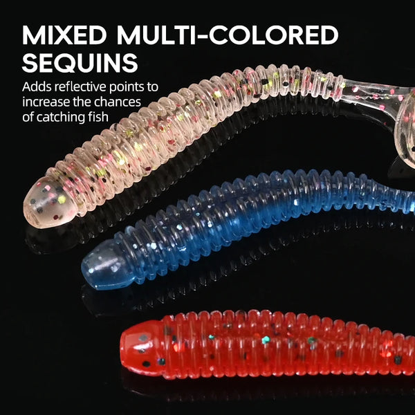 Reflective-sequin paddle-tail swimbaits with clear-pink, blue, and red bodies