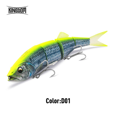 4-segment jointed hard body swimbait lure, neon green and blue scales