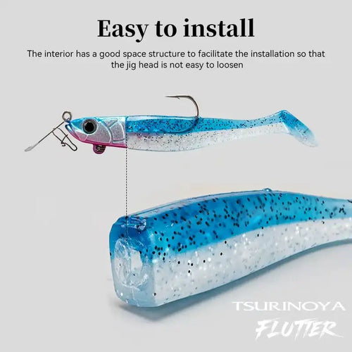 TSURINOYA FLUTTER T-tail lure, blue glitter soft worm with treble hook