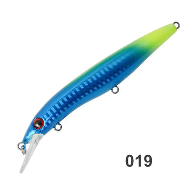 Green-to-blue gradient floating minnow hard fishing lure with red eye, treble hooks