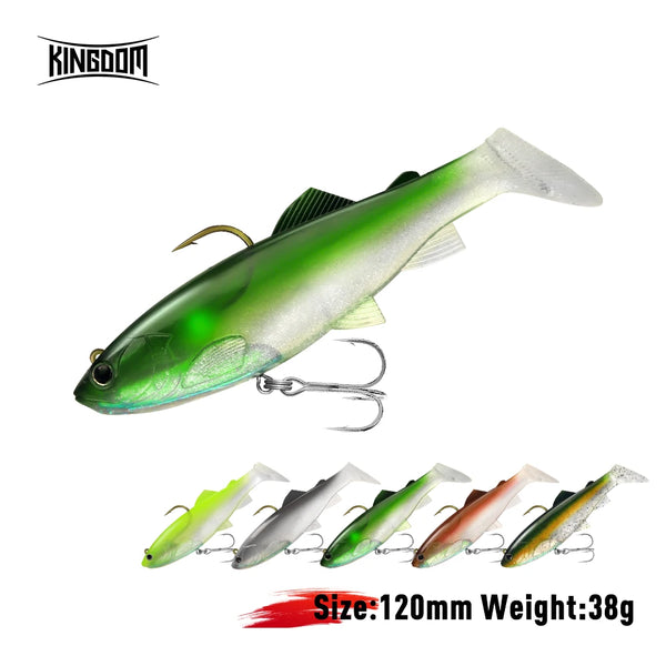 Soft plastic paddle-tail swimbait in green and silver tones with treble hooks