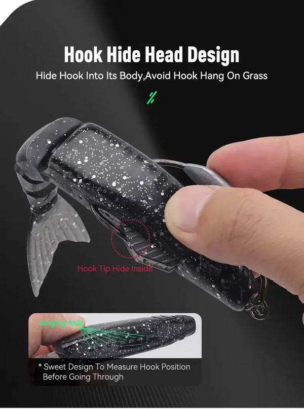 Soft swimbait lure with hidden hook head design to avoid snagging on grass