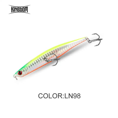 Floating pencil jerkbait fishing lure, chartreuse with orange accents, 2 treble hooks
