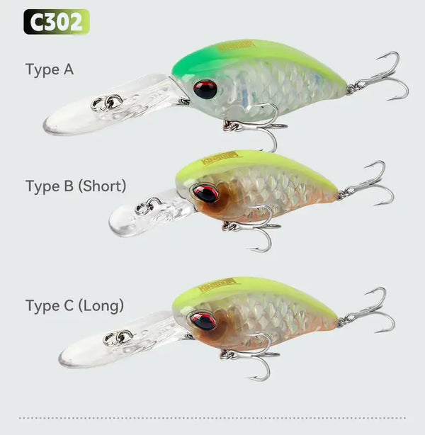 Set of three floating crankbait minnow lures in green and silver with treble hooks