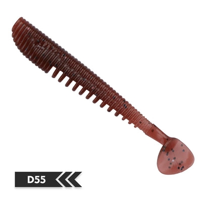 Soft silicone shad fishing lure, dark red-brown with tiny speckles, translucent red paddle tail