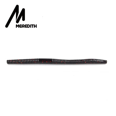 Black silicone worm fishing lure with red speckles and glitter