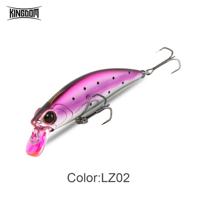 Pink and silver sinking minnow lure with treble hooks, close side view