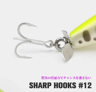Sinking minnow lure with chartreuse body, silver lip, and treble hook set.