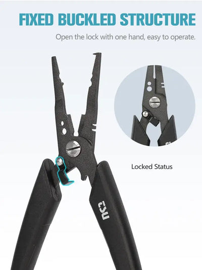 Fishing pliers locked status diagram, black jaws with one-hand locking mechanism