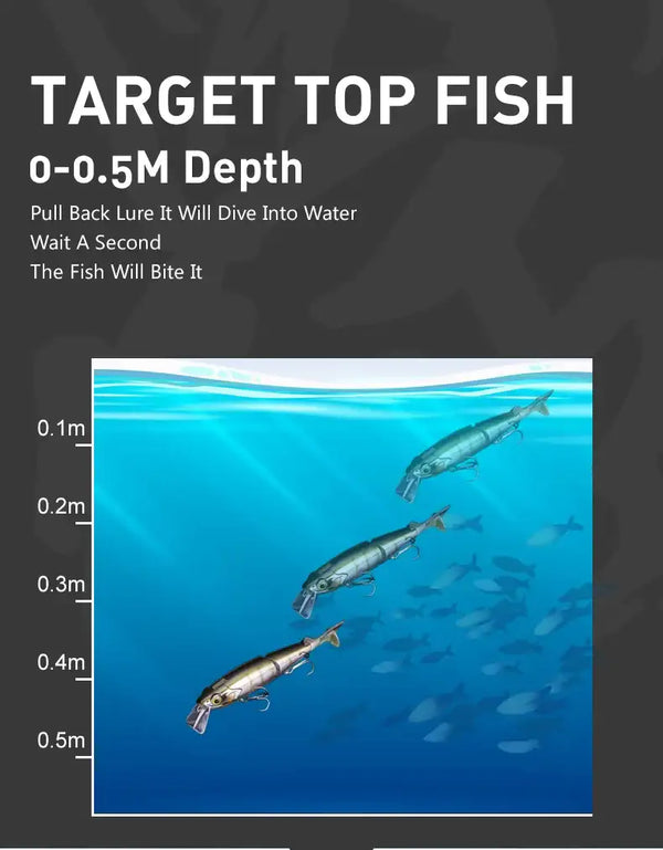 Multi-jointed swimbait lure shown underwater at shallow depth with multiple lures.