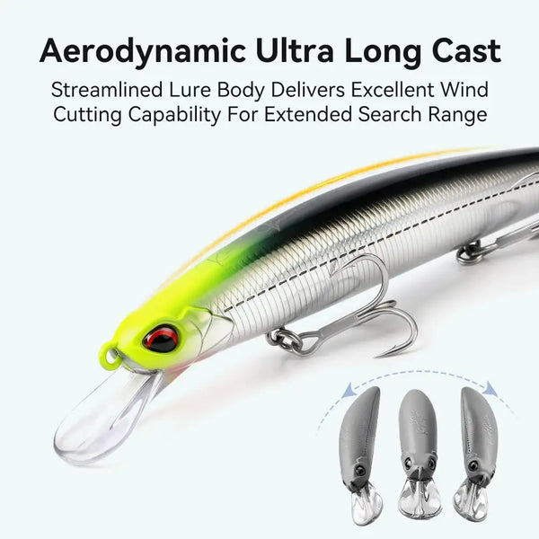 Fishing lure minnow close-up, neon-green head and silver body with clear lip and treble hook.