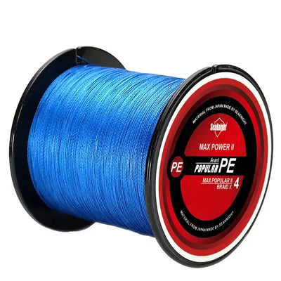 Braided fishing line spool with bright blue line wound around a black reel
