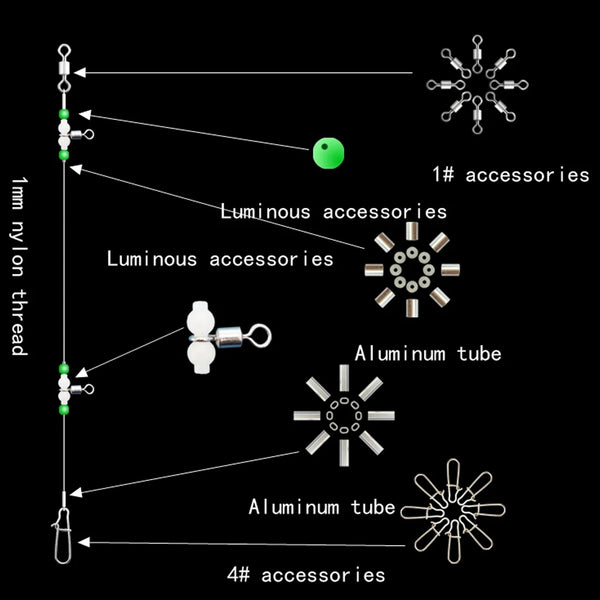 Fishing leader rig diagram with luminous beads, aluminum tubes, and accessory swivels